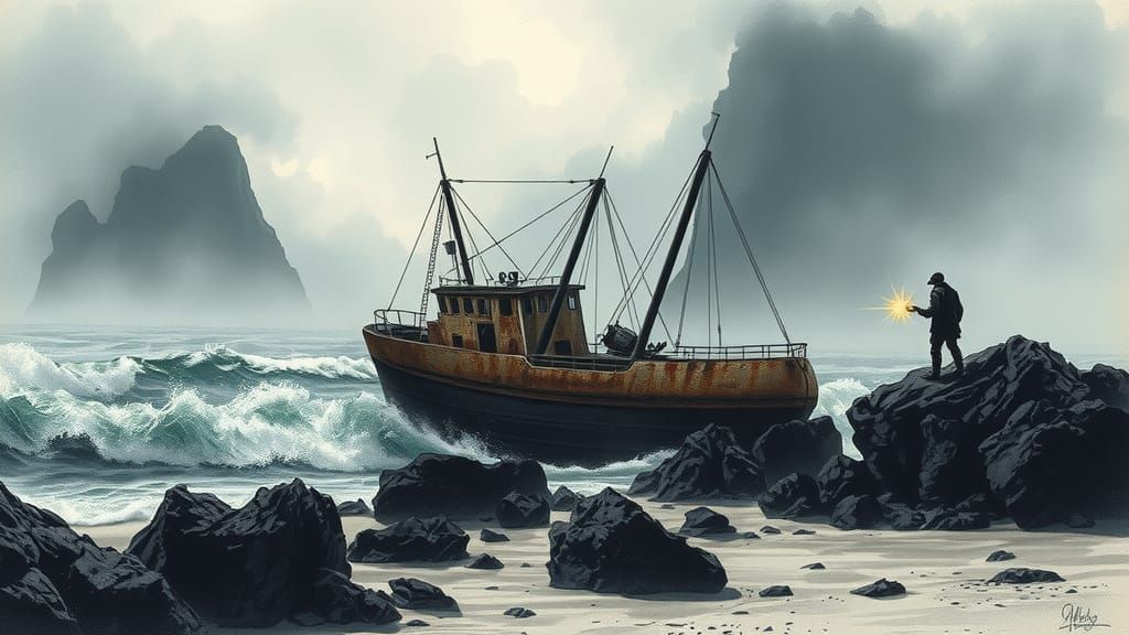 Surreal Ghost Trawler Caught Between Sea and Steep Rocks