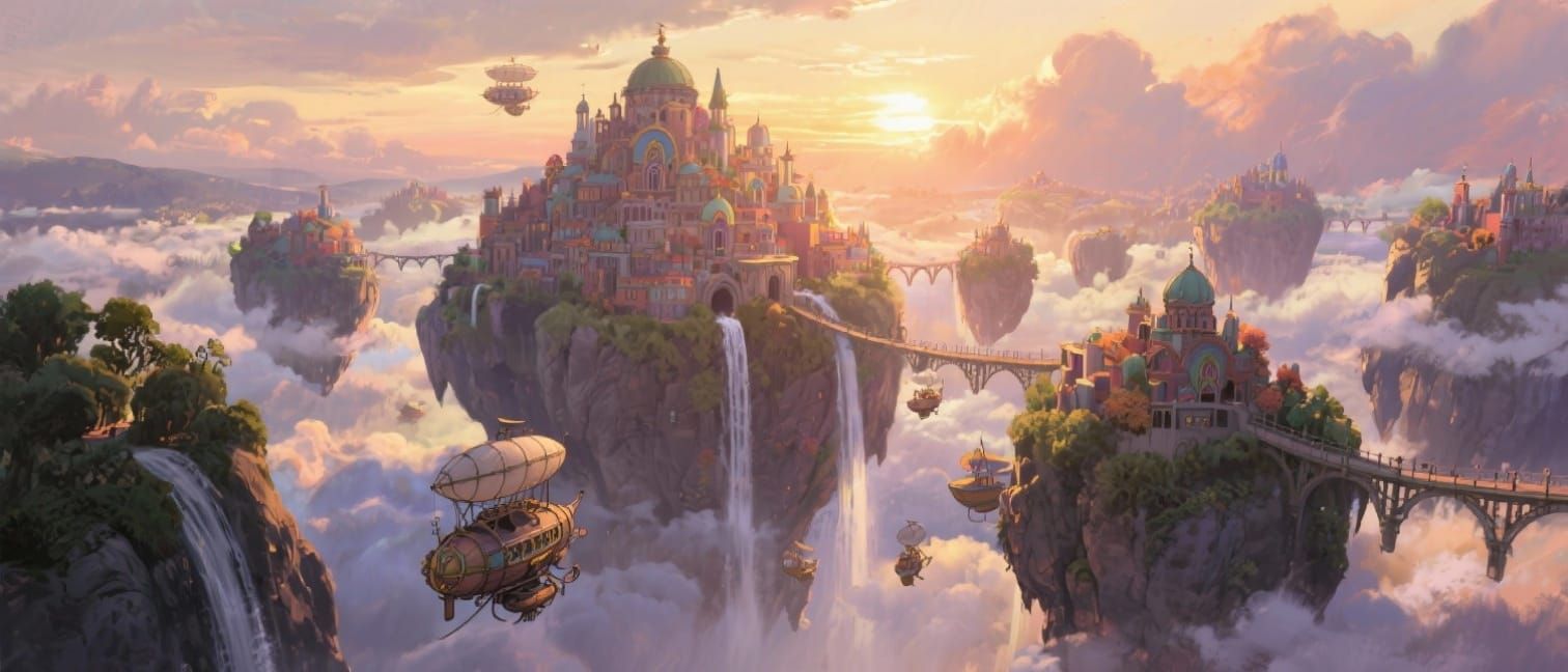 Floating City with Waterfalls and Airships at Sunset