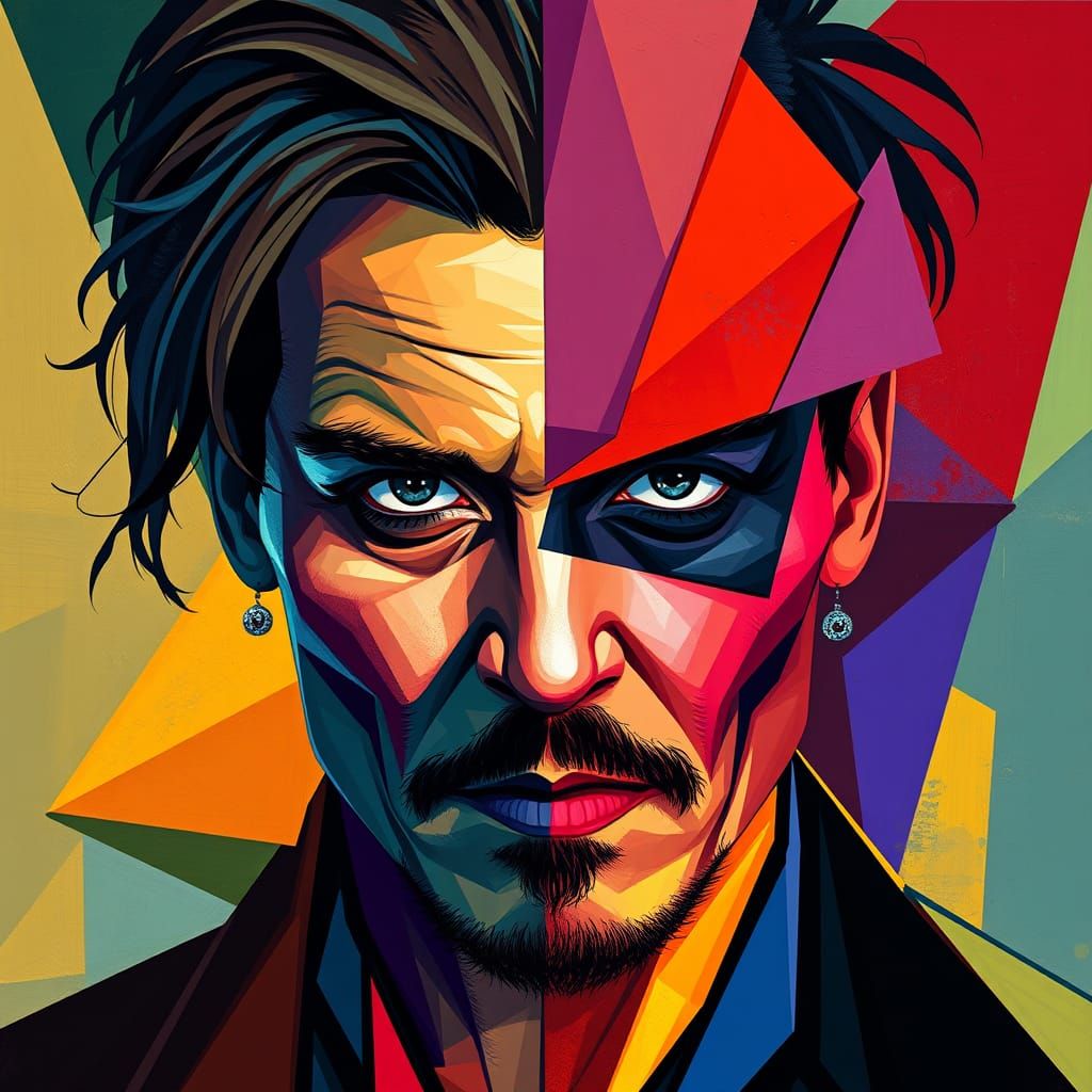 Fractured Depp in Vibrant Cubist Oil Painting Style