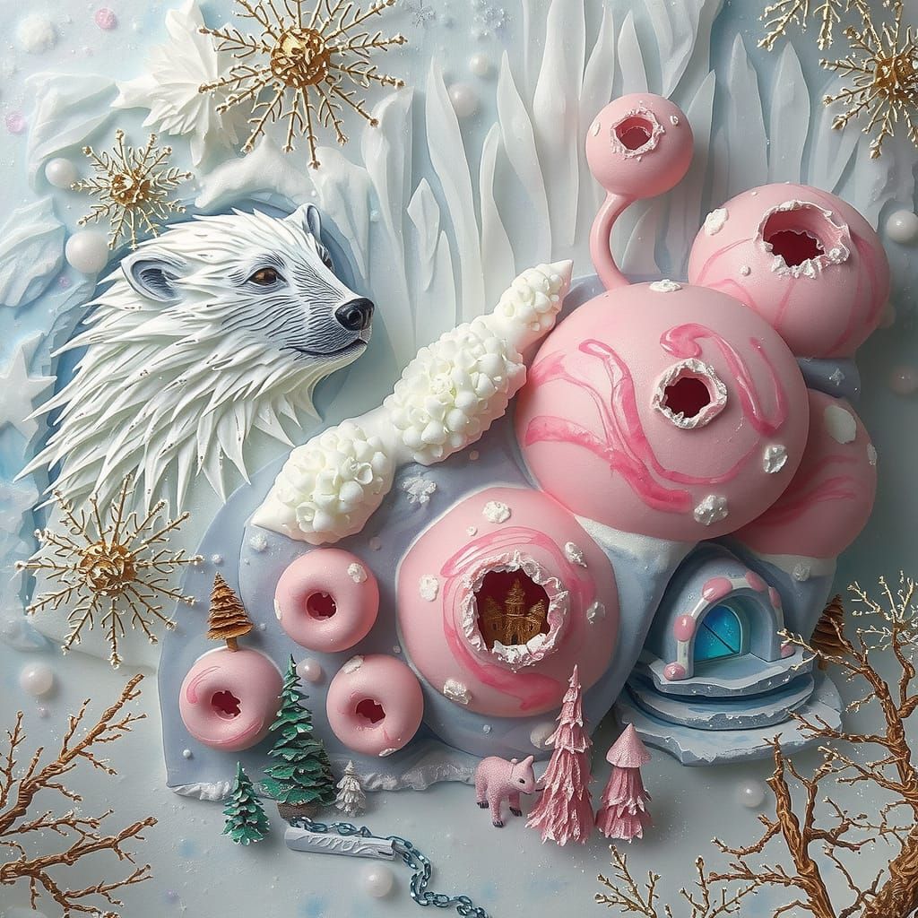 Surreal Arctic Village Scene with Polar Bear Watching from t...