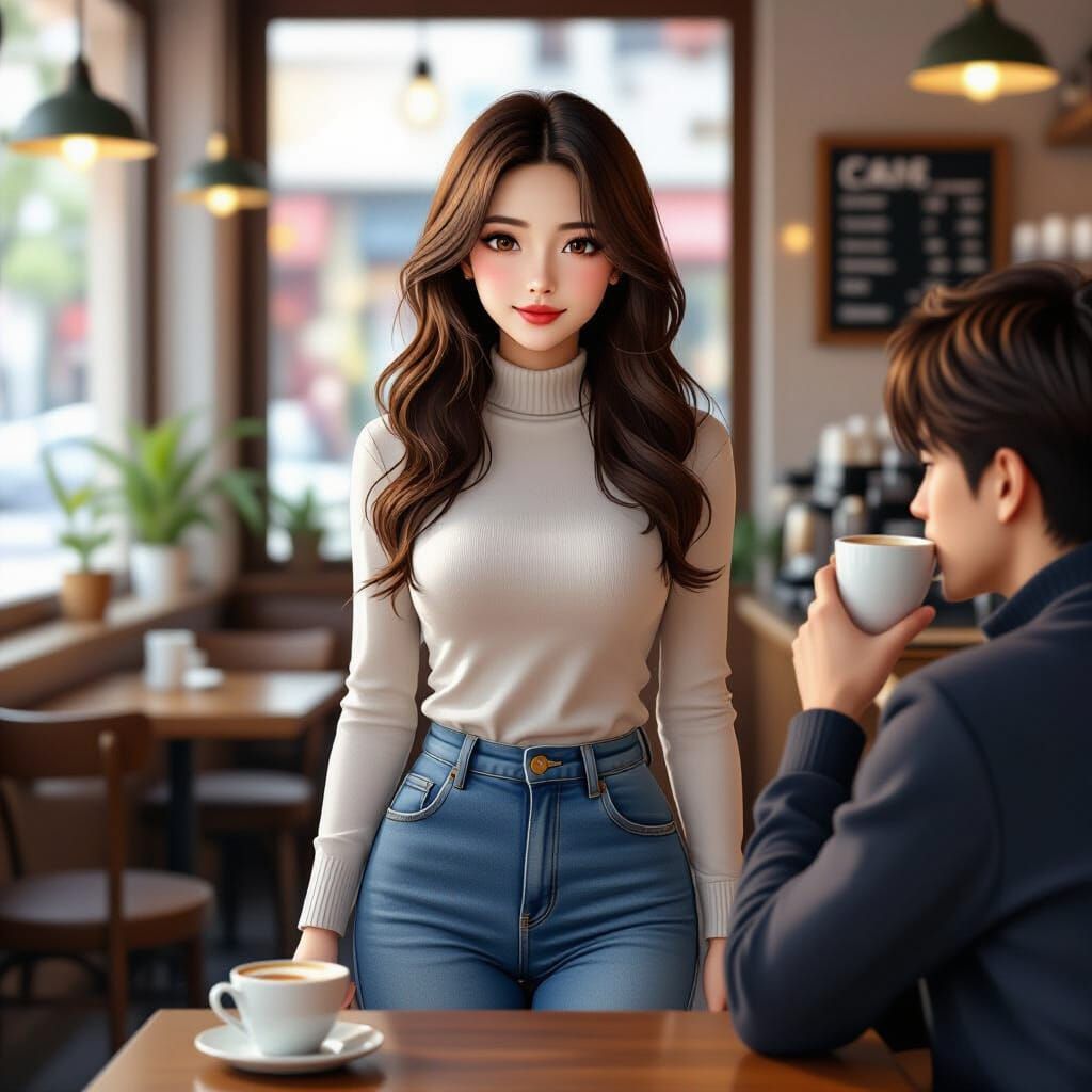 Anime Woman in Coffee Shop, 3D Style