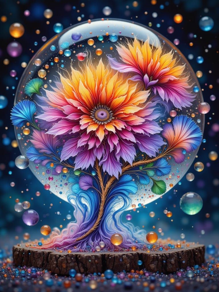 Luminous Glass Bowl of Flowers with Crystal Stars