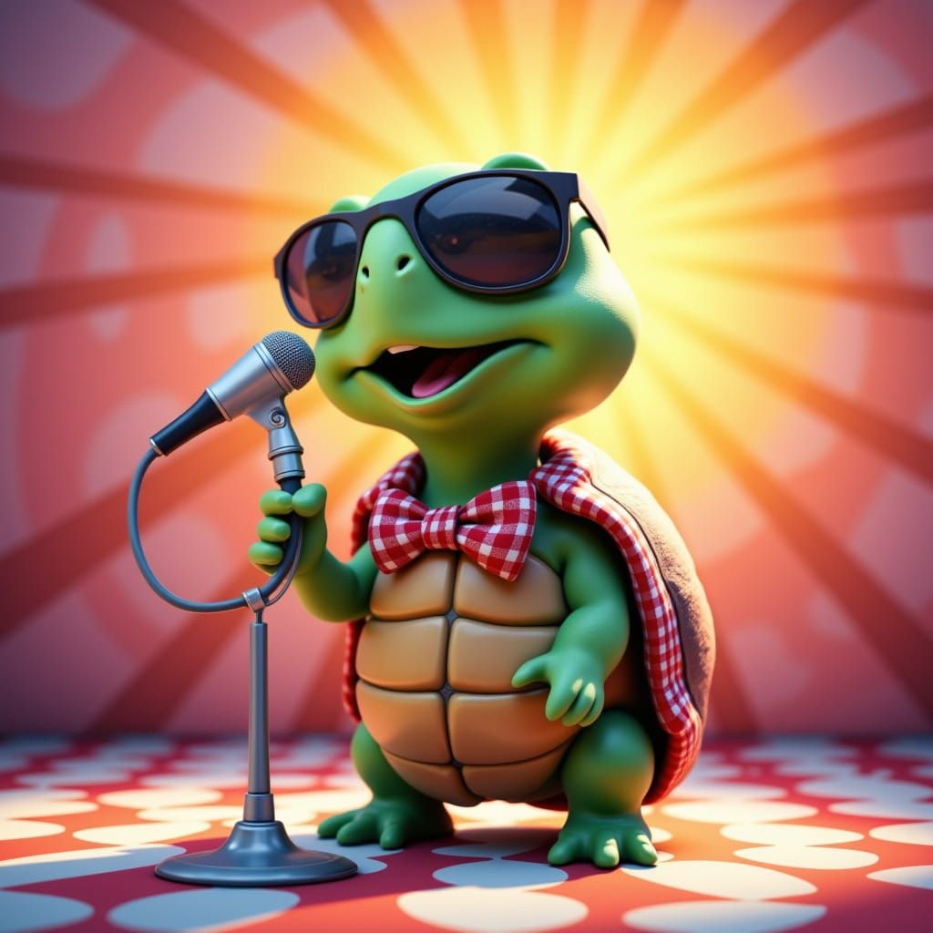 Whimsical Singing Turtle in Pixar 3D Style