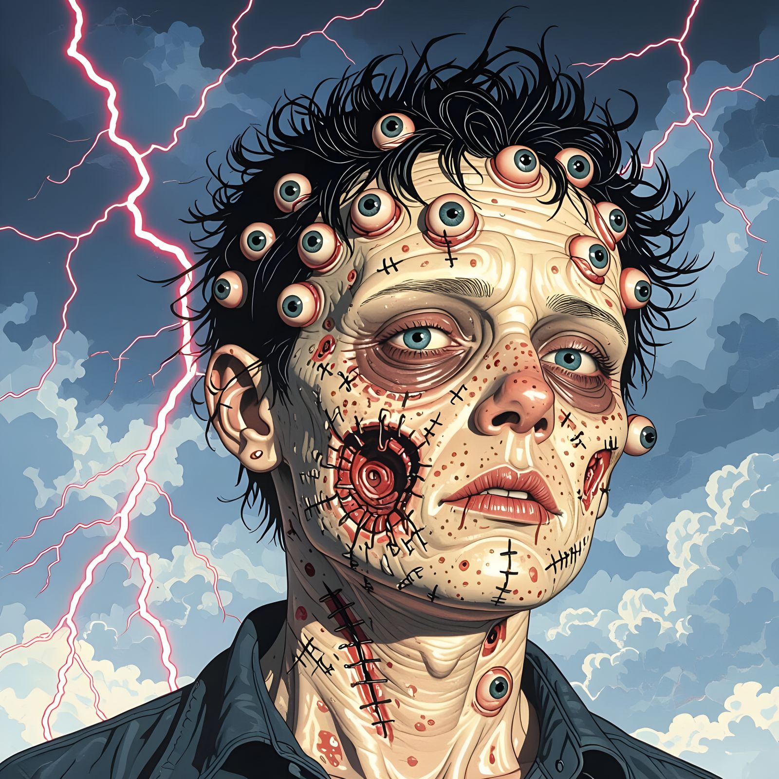 Grotesque Scarred Face with Eyes in Photorealistic Horror Ar...