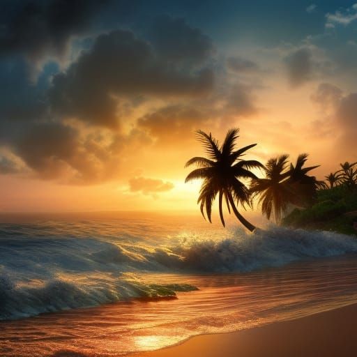 Tropical Beach Sunset: Cinematic Digital Painting