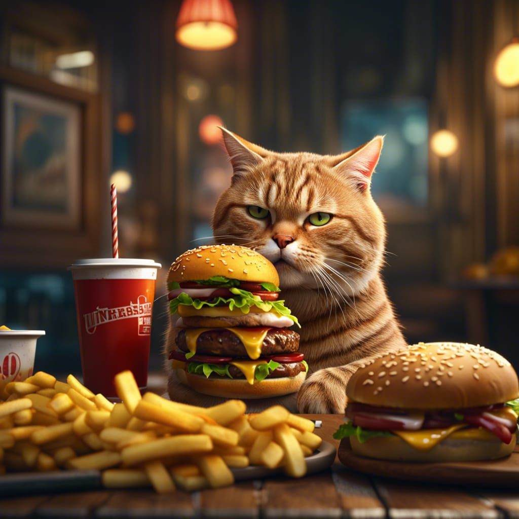Tabby Cat's Cheeseburger Feast: Detailed Fantasy Art