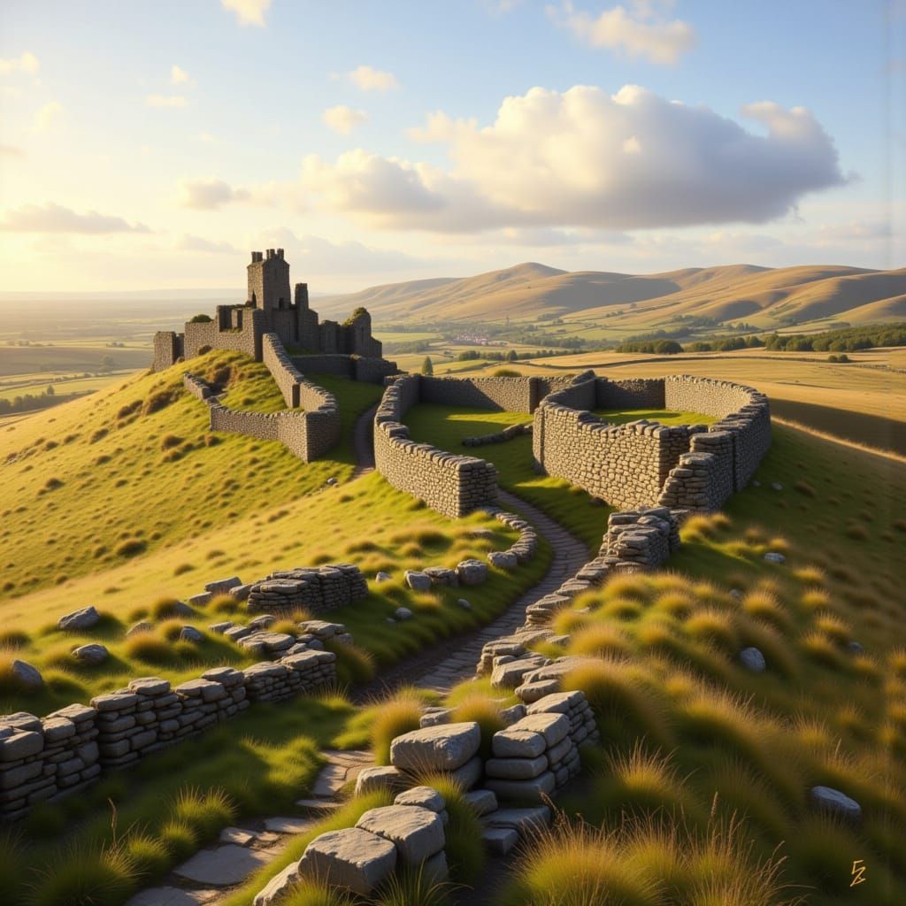 Hadrian's Wall Ruins in Romantic Landscape Style