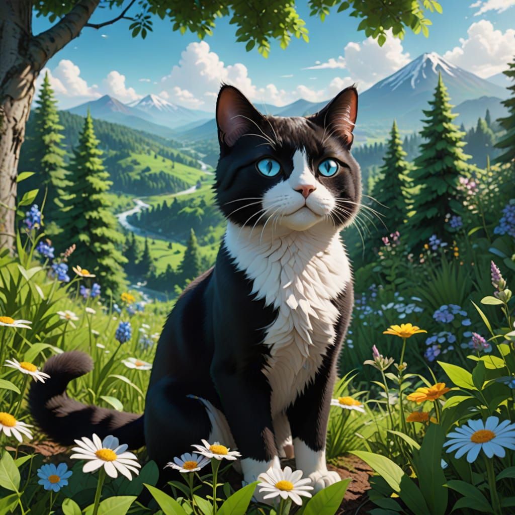 Realistic Anime Cat in Whimsical Forest Landscape