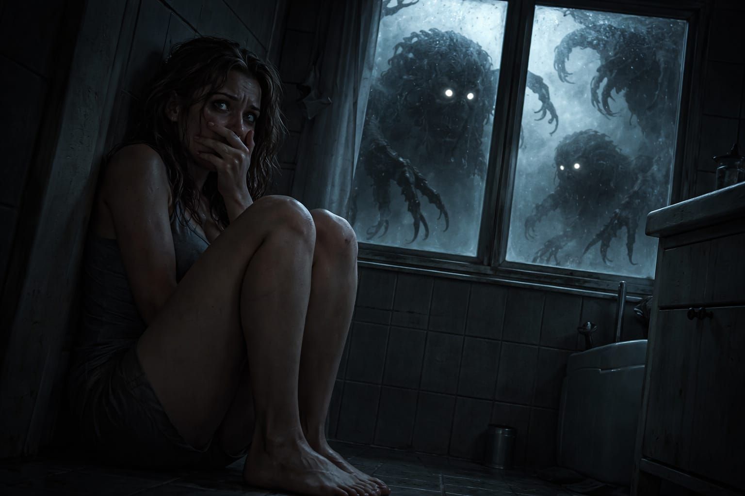 Woman Terrified by Creatures Outside Bathroom Window