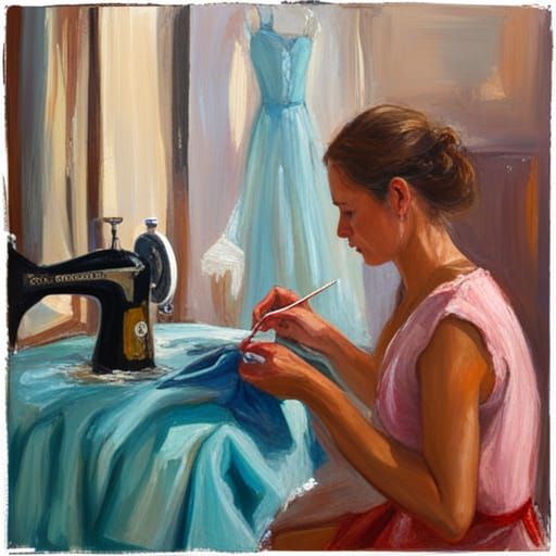 Sewing Ballgown: Oil Painting by James Gurney