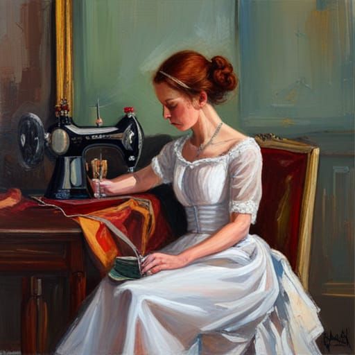 Sewing a Ballgown: Oil Painting Style