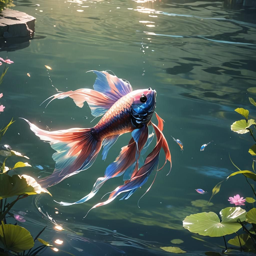 Fighting Fish in Serene Lake: 3D Anime Art