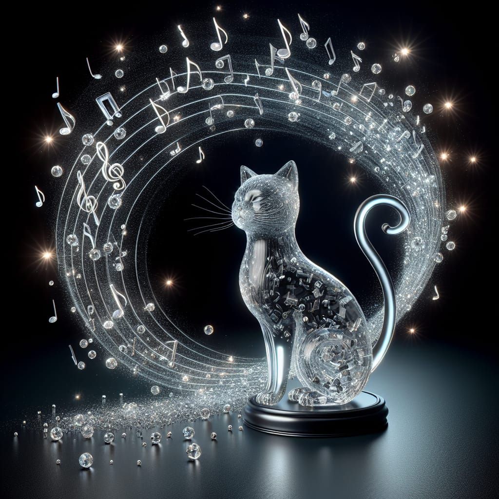 Glass Cat Figurine Filled with Silver Musical Notes