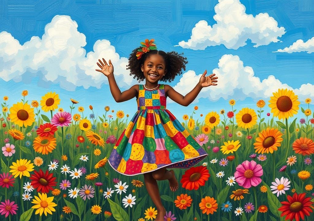 Joyful Girl in Flower Meadow: Faith Ringgold Quilt Art