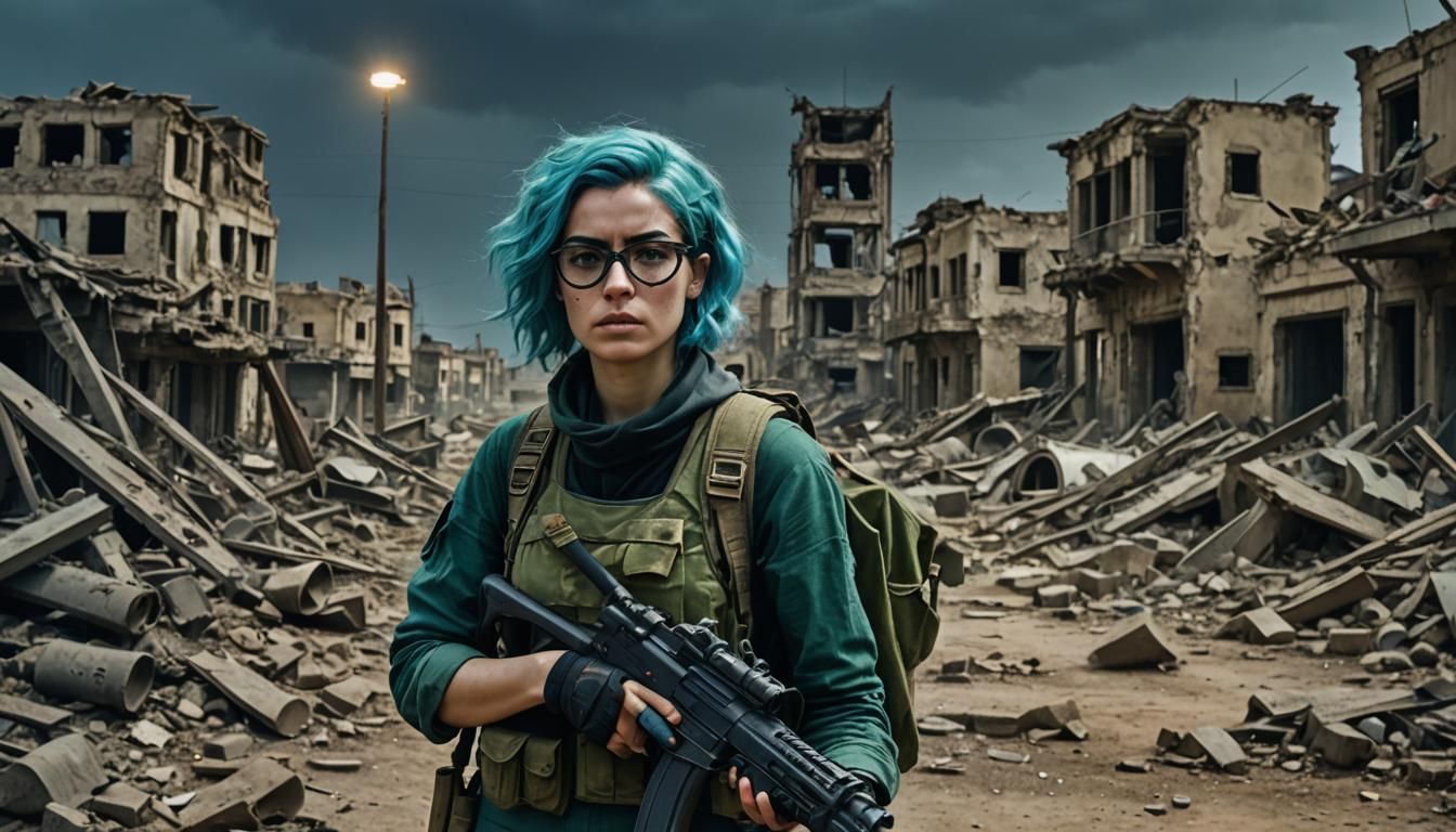Sad Revolutionary in Ruined City: Sci-Fi War Photo