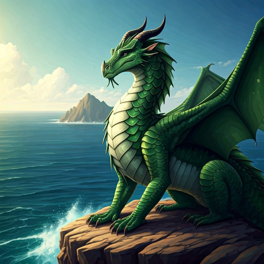 Emerald Seawing Dragon on Rocky Cliff, Fantasy Art