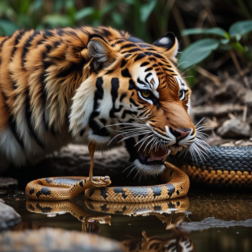 A tiger feasting on a snake beside a creek creates a strikin...