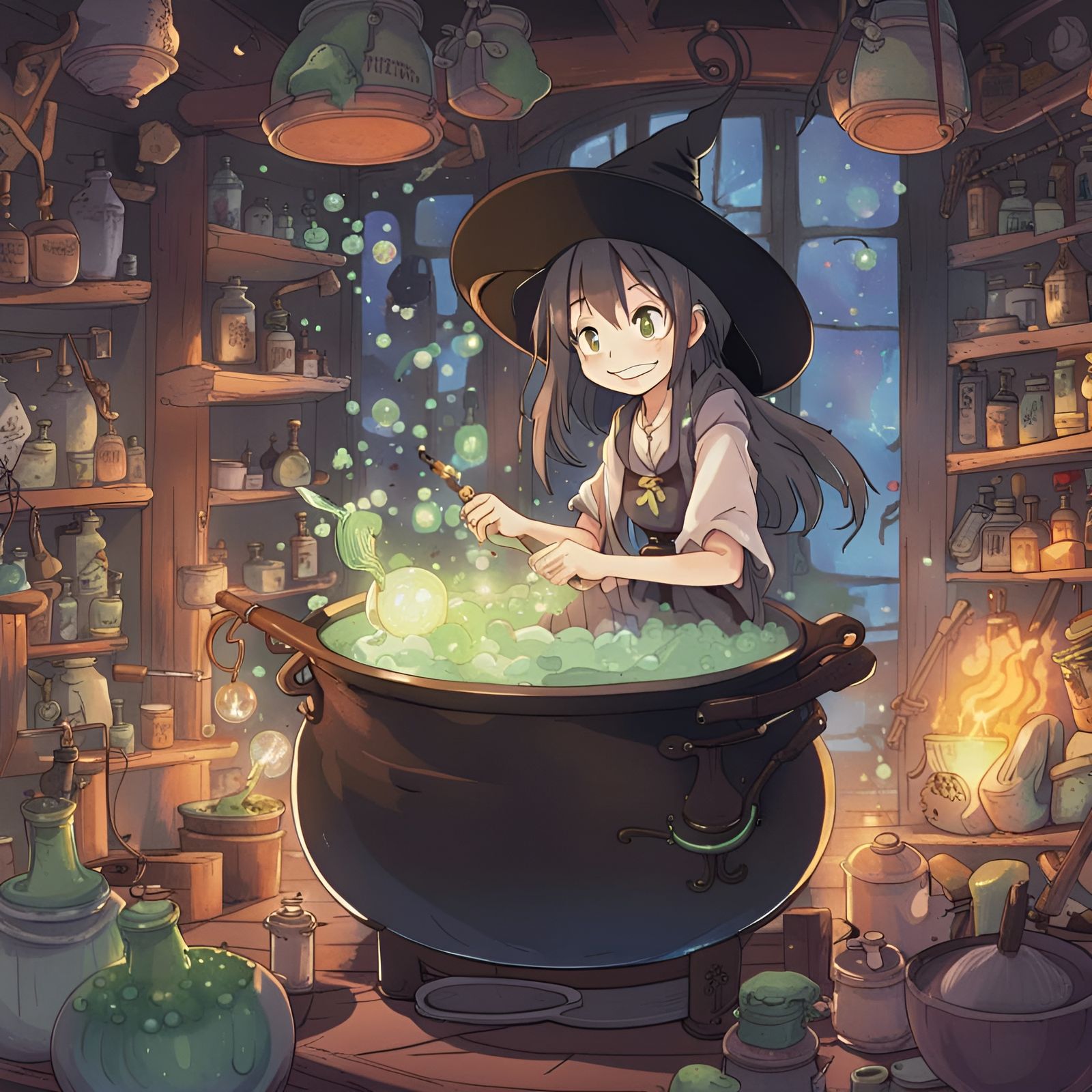 Friendly Witch Brewing Potion in Anime Style