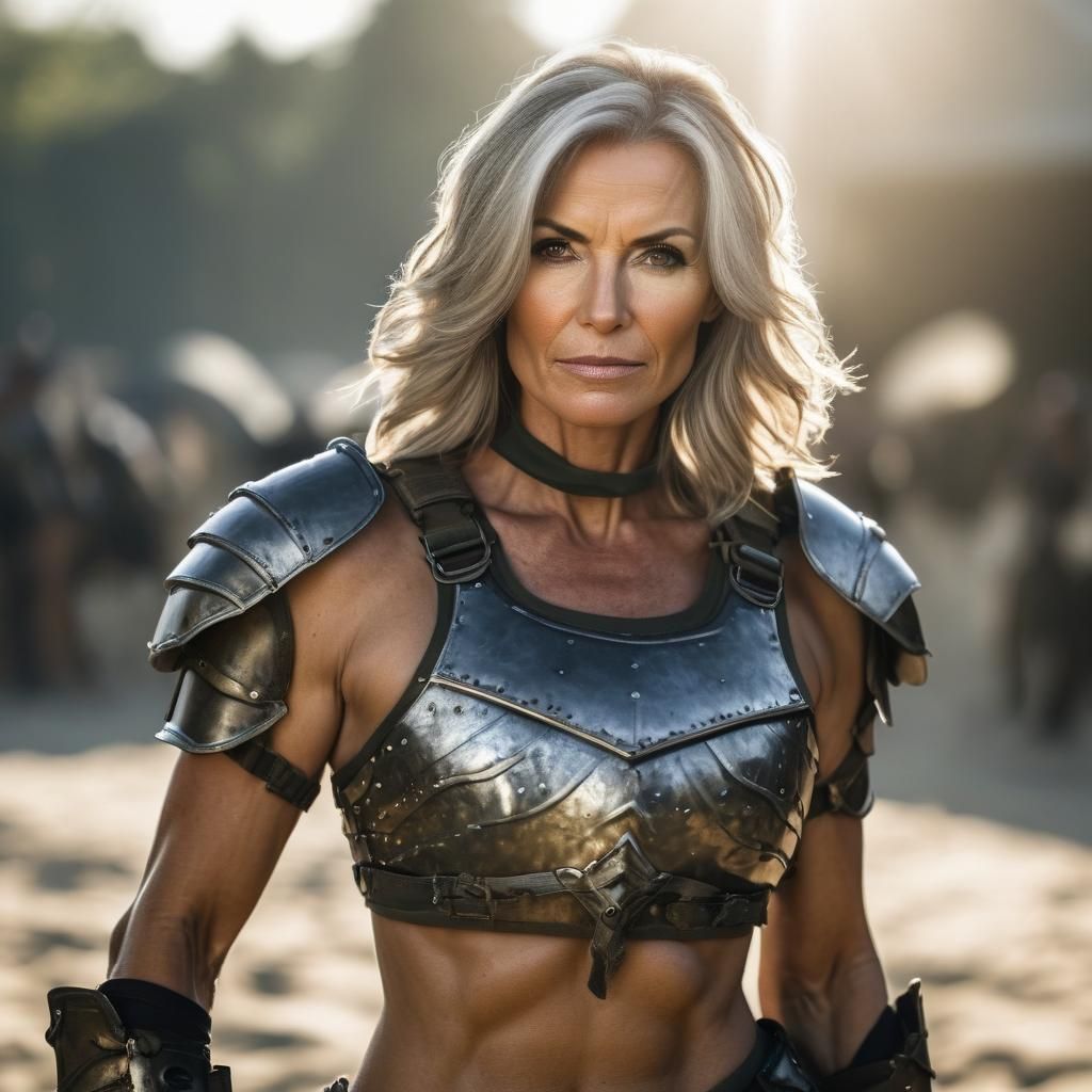 Middle-Aged Woman Soldier in Bikini Armor Photo