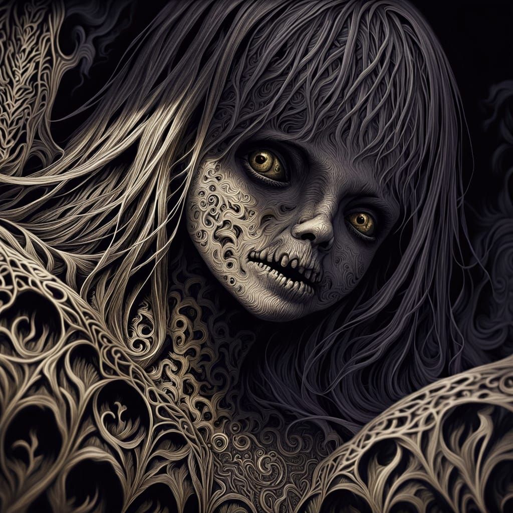 Eerie Gothic Fairy in Charcoal Drawing with Zentangle