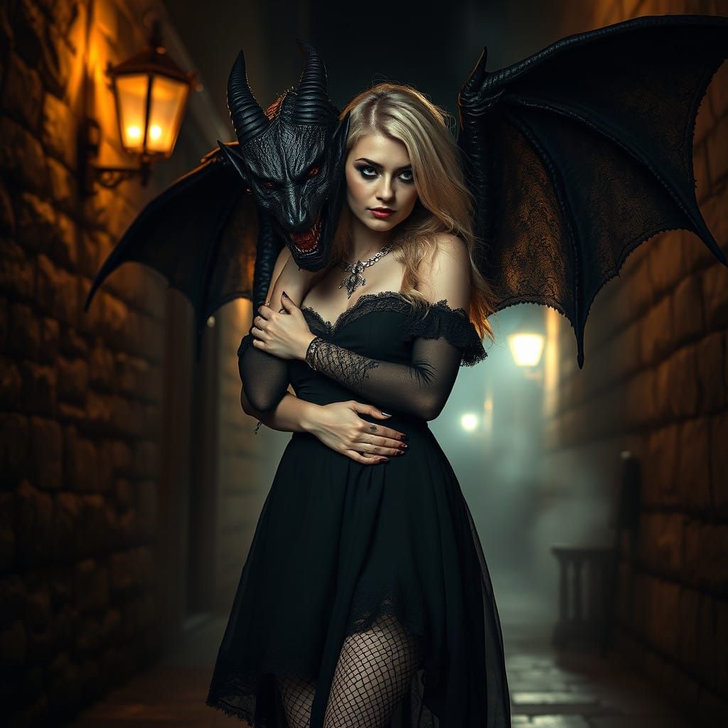Mysterious Demon Embraces a Blonde Goth Woman in a Moody All...