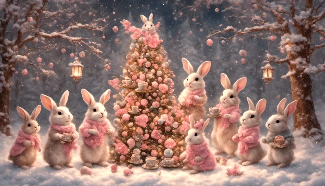 <lora:Gullyism:1.0> <lora:mouse:1.0> christmas tree with adorable bunnies with pink wool hat and christmas coffee