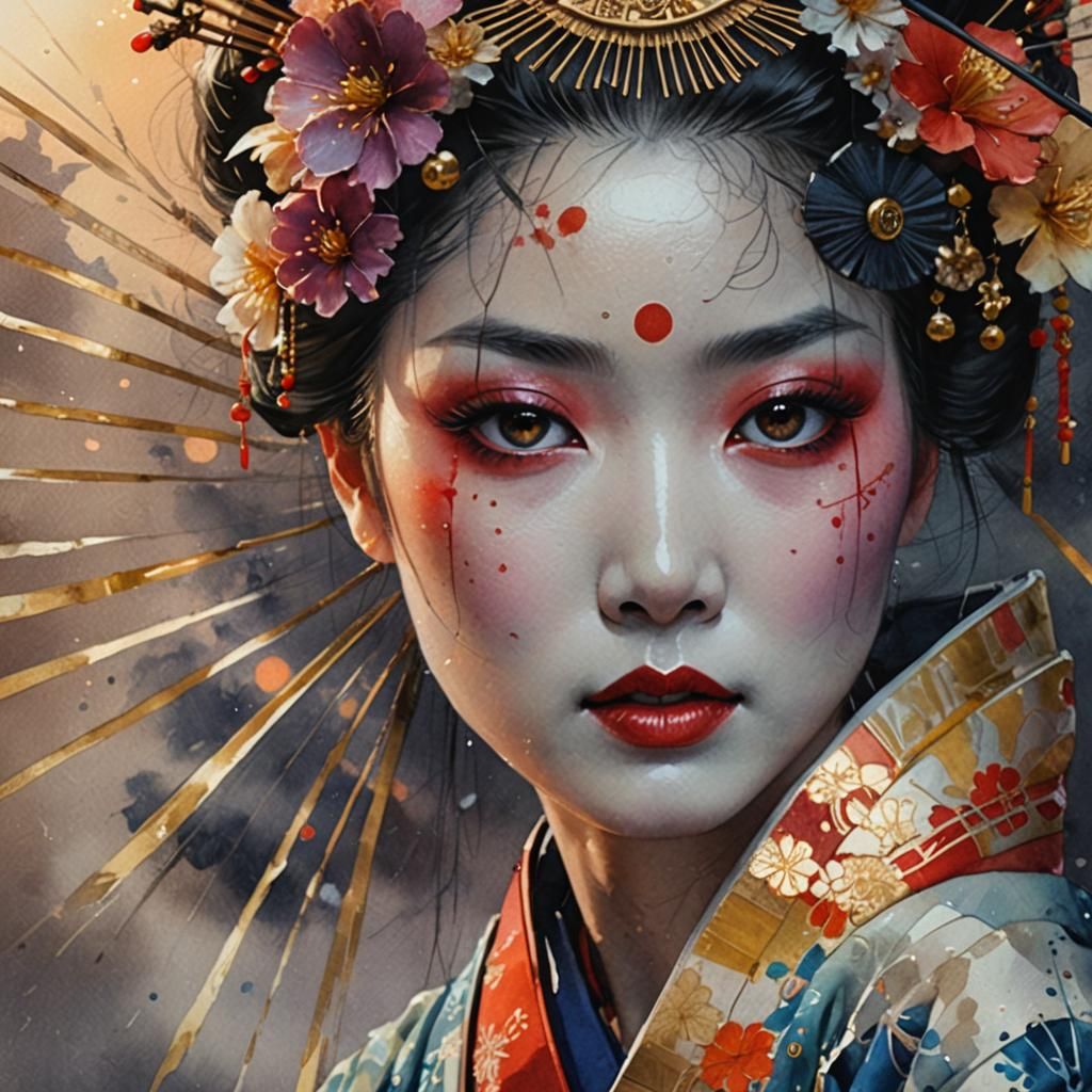 Watercolor Portrait of Geisha at Magic Hour