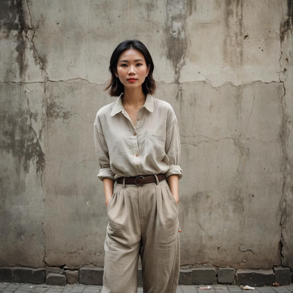 Enchanted Vietnamese Woman in Baggy Linen Outfit