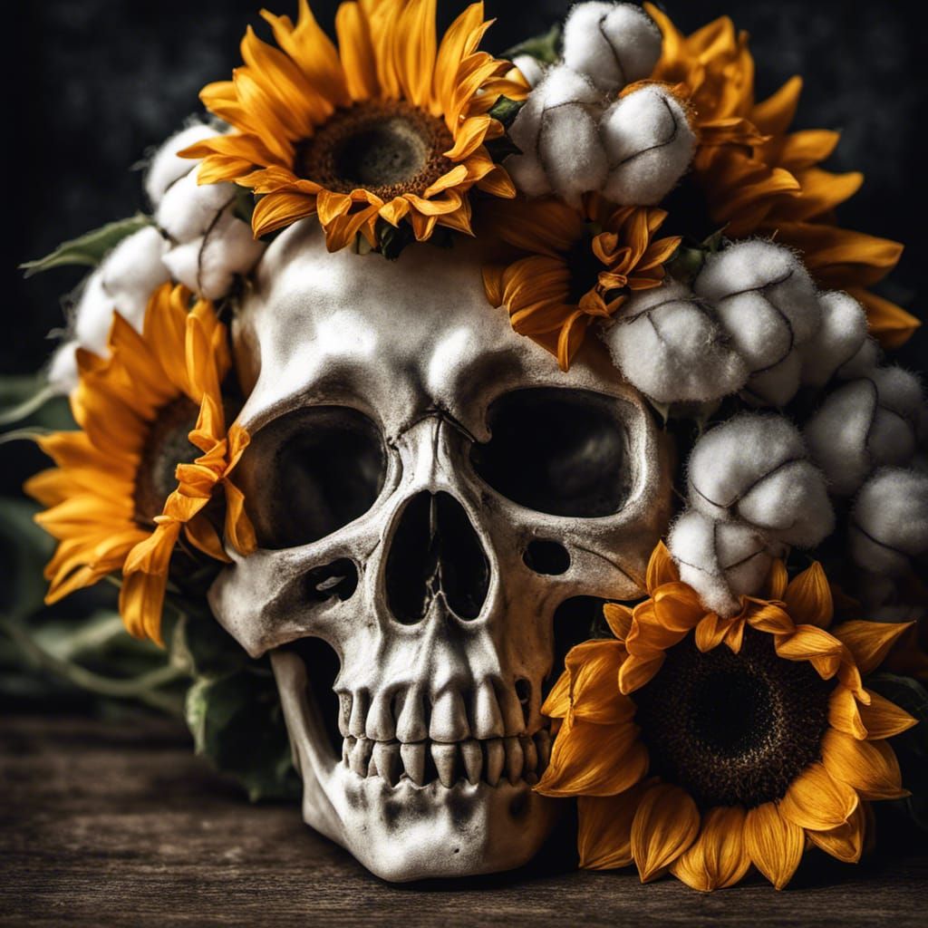 Sunflower Bouquet with Skull, Hyperrealistic Portrait