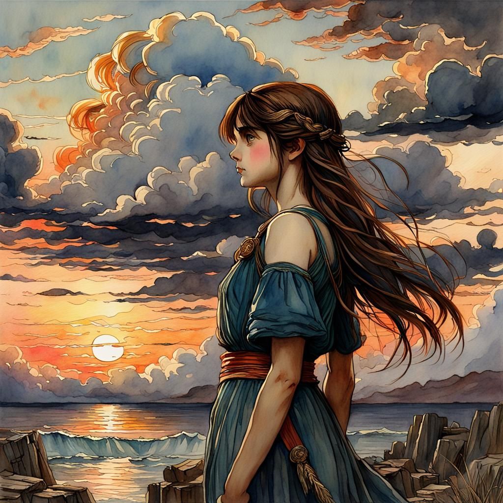 Anime Sunset Clouds in Watercolor Style