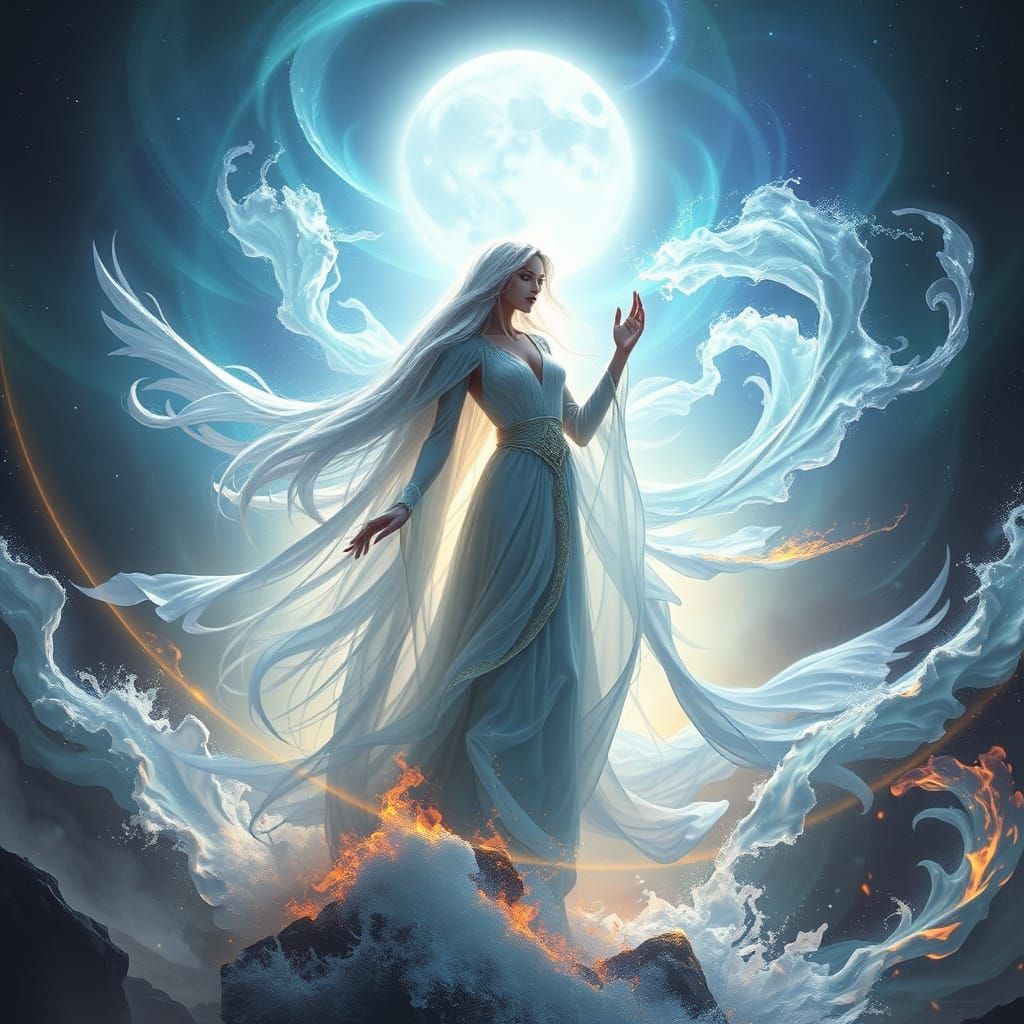 Ethereal Goddess of Balance and Power in a Cosmic Maelstrom