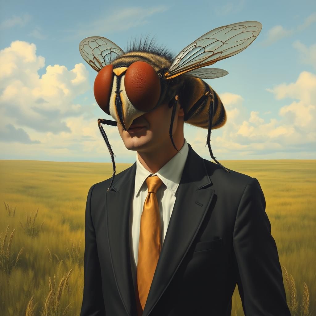 Surreal Man with Fly Head in Grassy Field