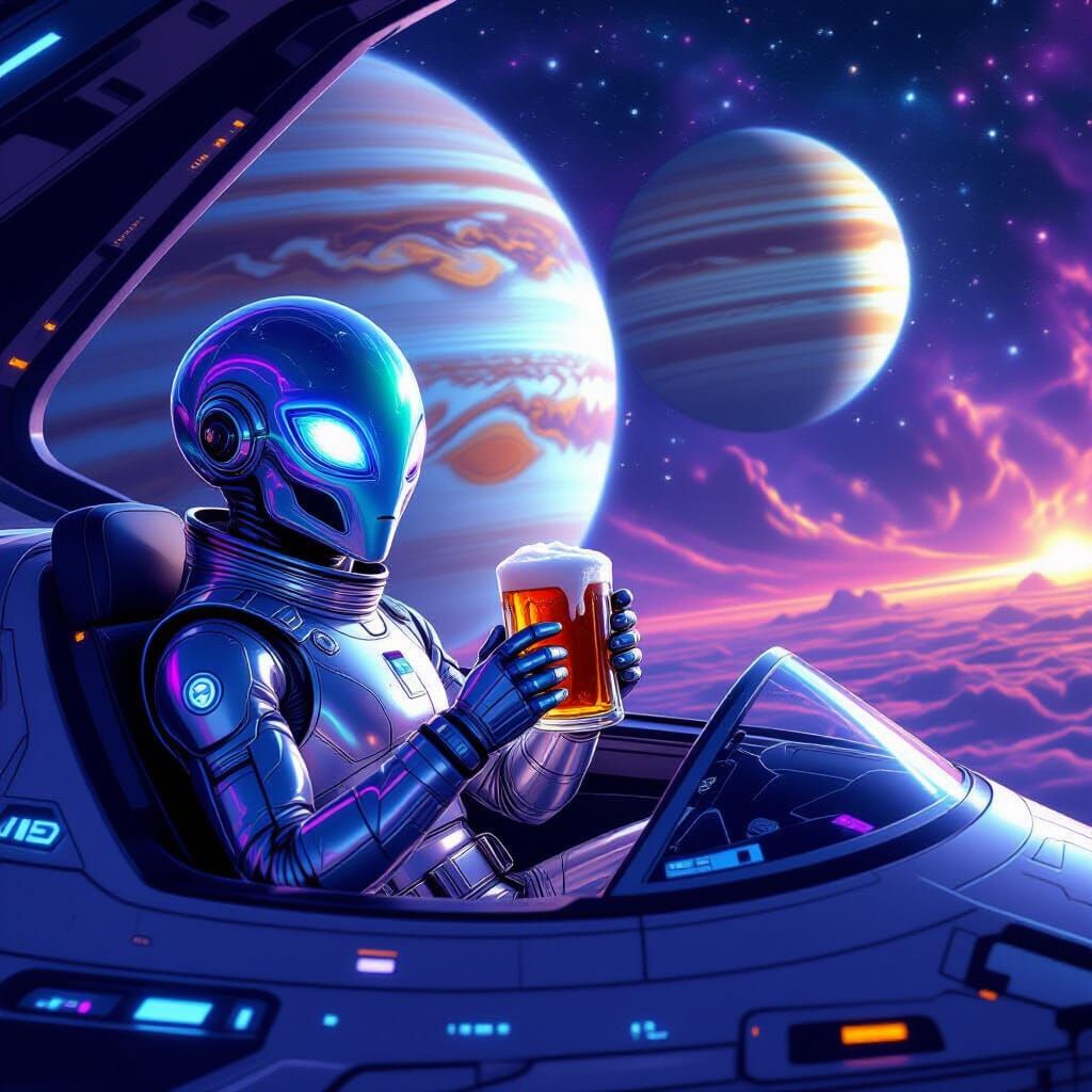 Astral Alien Piloting Spaceship to Jupiter with Root Beer