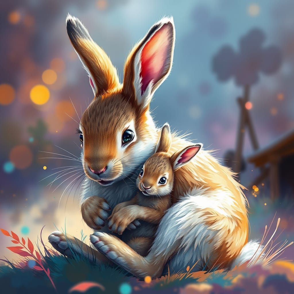 Mother and Baby Bunny Cuddle in Watercolor Style