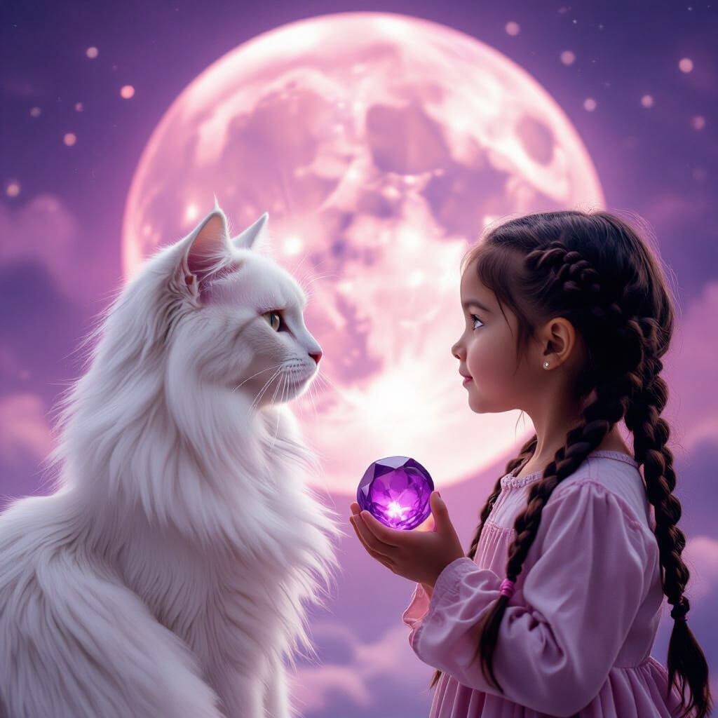 Girl and Cat Admire Pink Supermoon