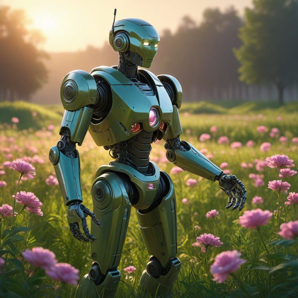 Robot Offers Flowers to Human Friend in Warm Sunlight