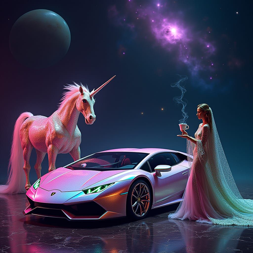 Surreal Cosmic Scene with Iridescent Lamborghini and Cyberpu...