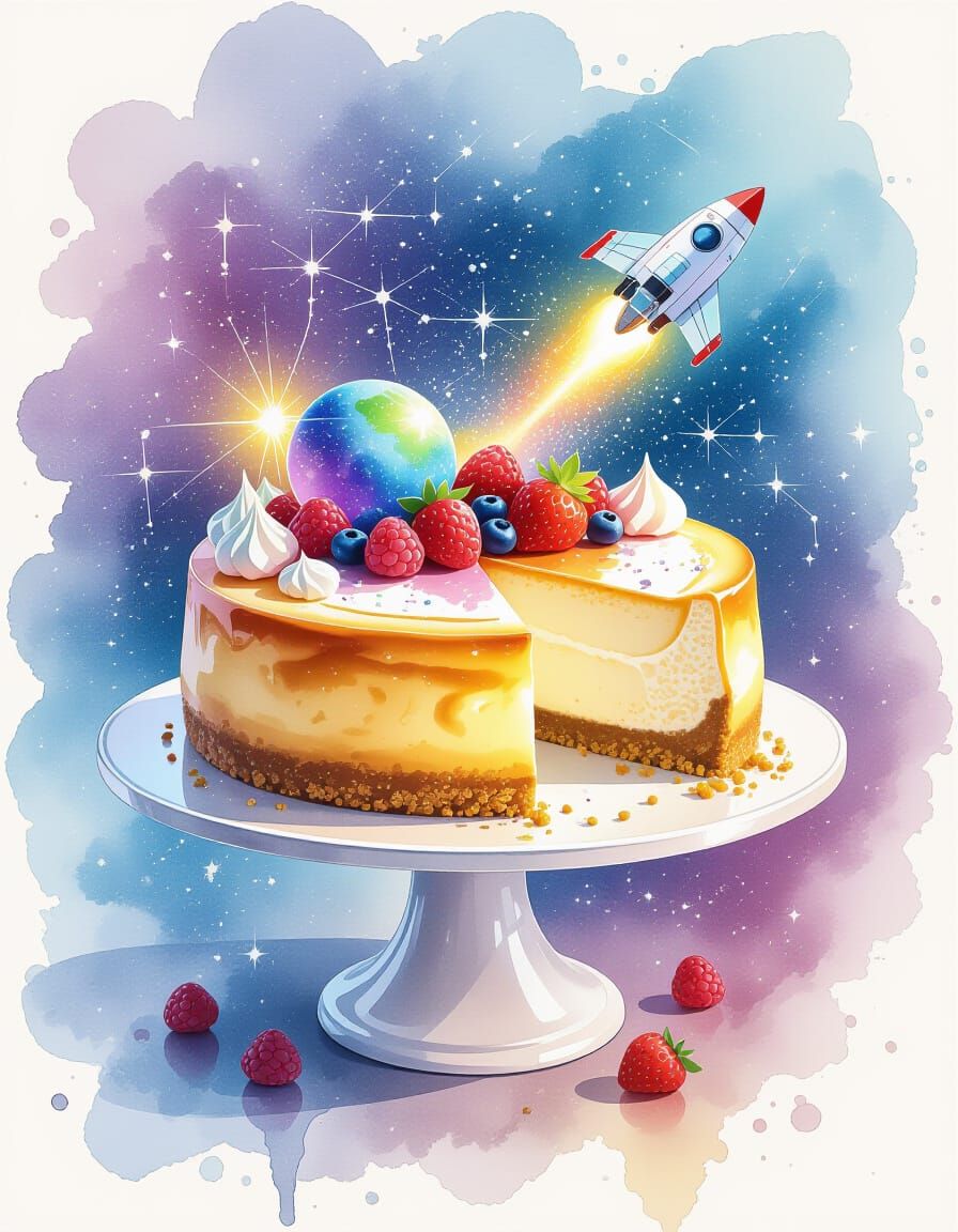 Celestial Cheesecake Spaceship in Watercolor Style