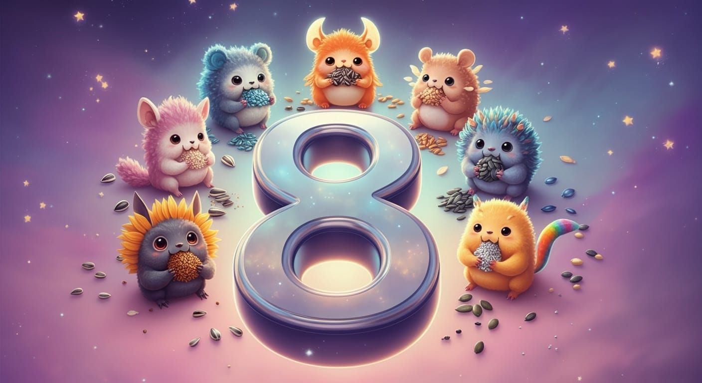 Whimsical Munchers Feast on Colorful Seeds in Cosmic Circle