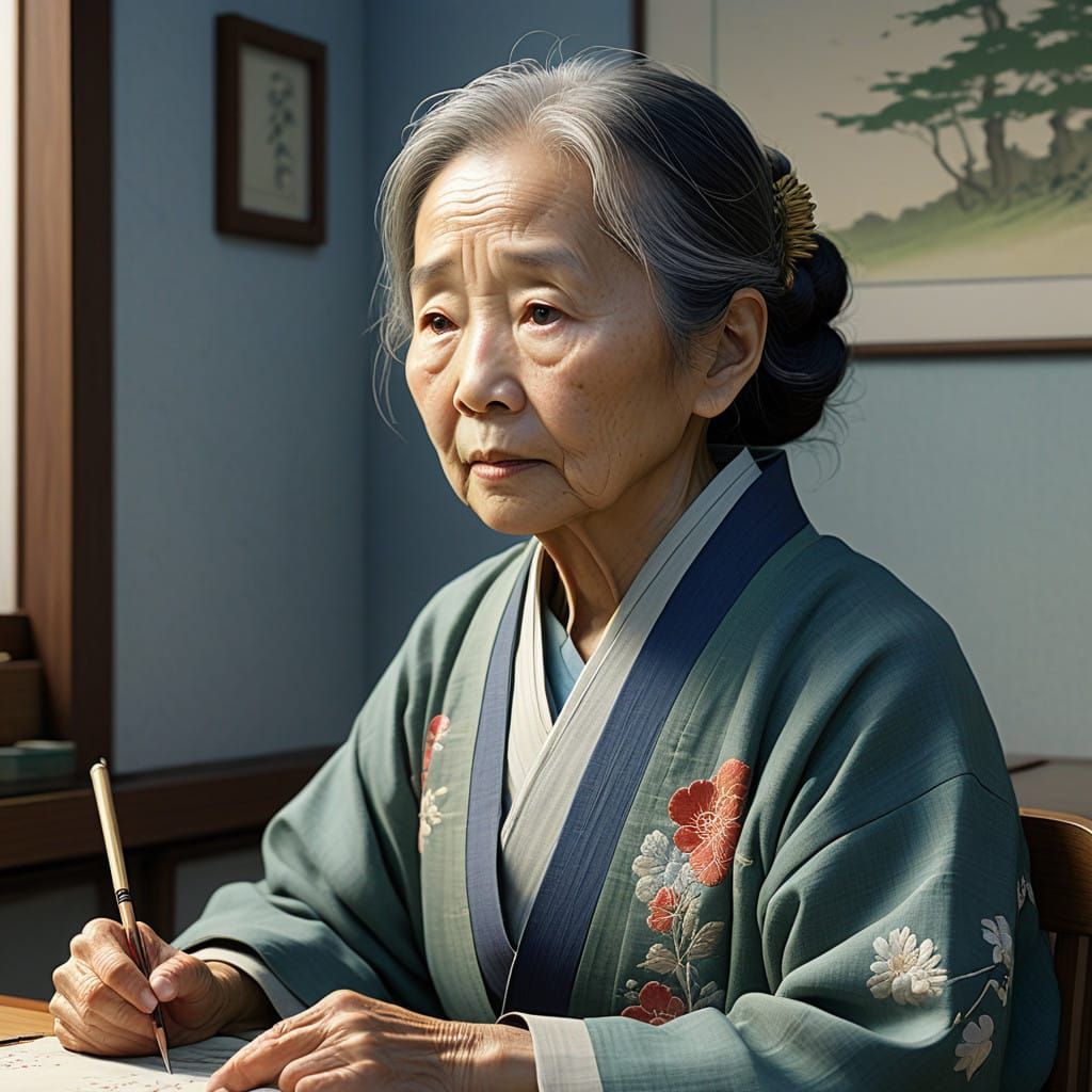 Serene Elderly Asian Woman Lost in Thought