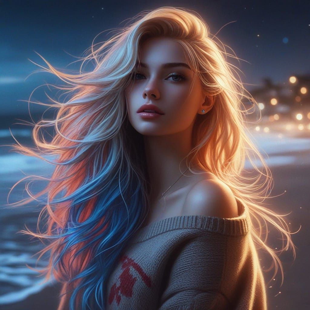 Mysterious Nighttime Beach Stroll in a Cyberpunk Aesthetic