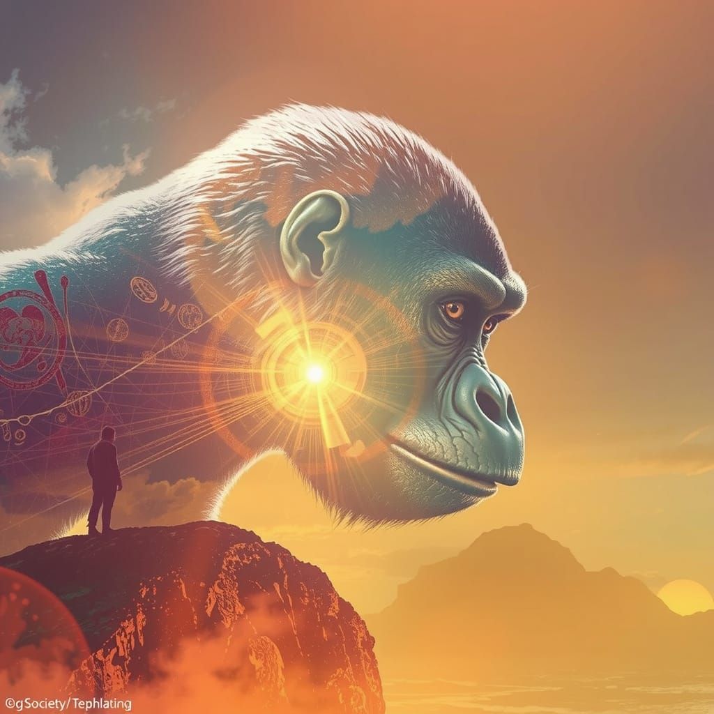 Gorilla Silhouette on Cliff Overlooking Turbulent Sea