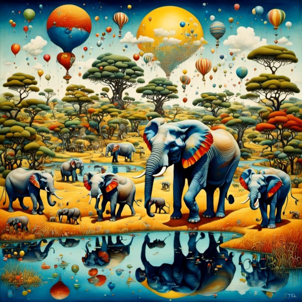 African Savannah Elephant Herd in Pop Surrealist Style