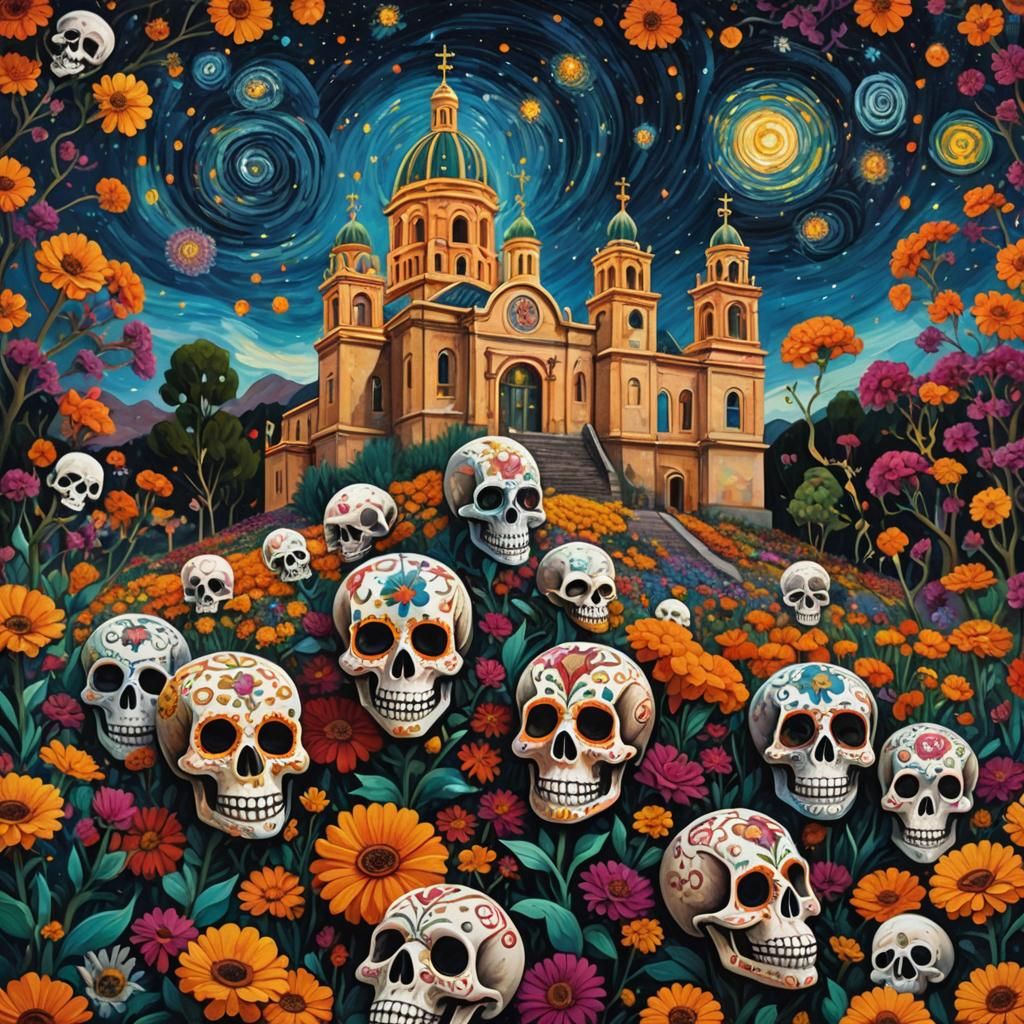 Mexican Skulls in Magical Realism Style