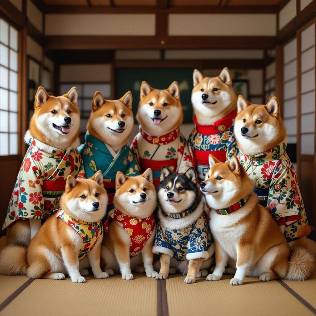 Shiba Inu Family in Elaborate Costumes