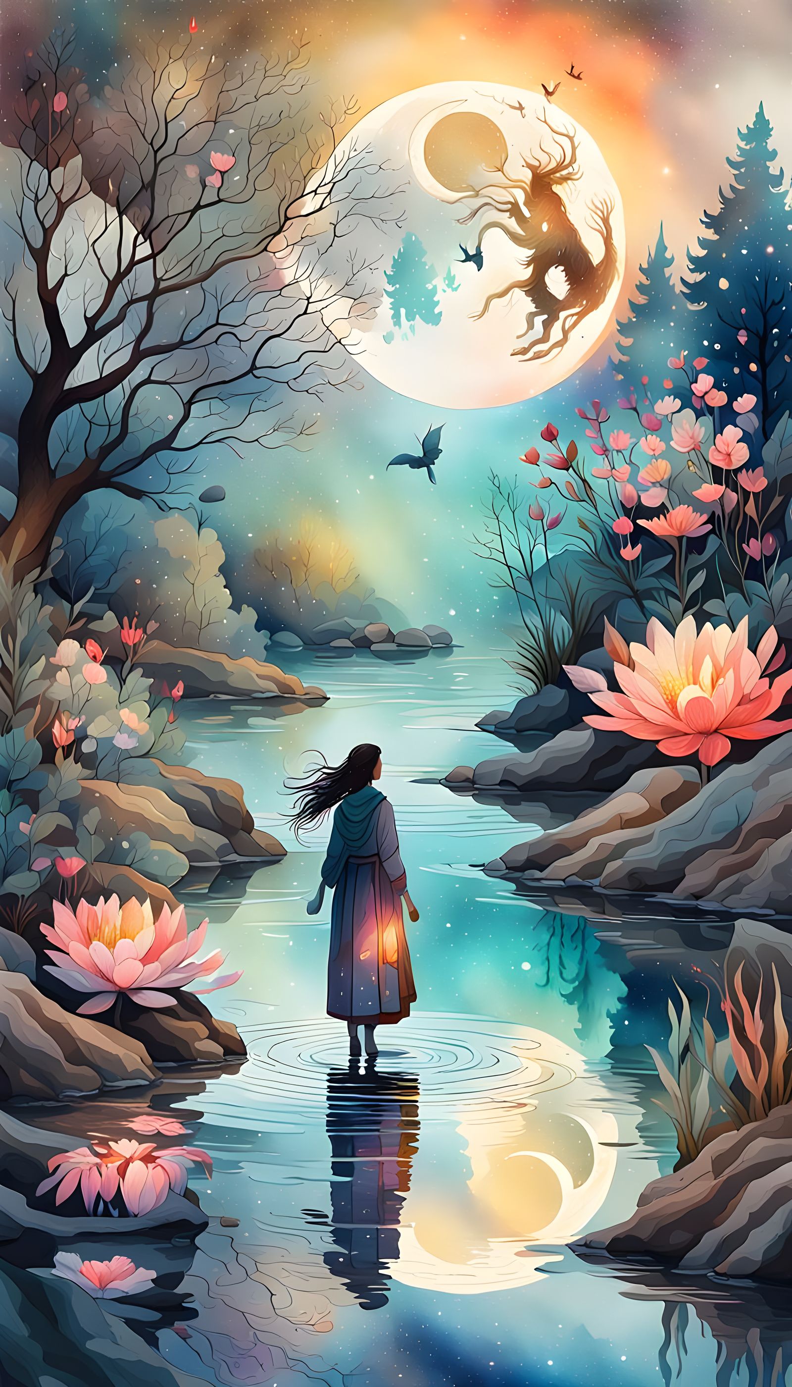 Mystical Creature Hunting Woman in River, Watercolor Paintin...