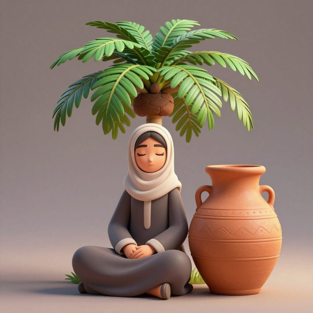 Serene 3D Arabic Woman Under Palm Tree