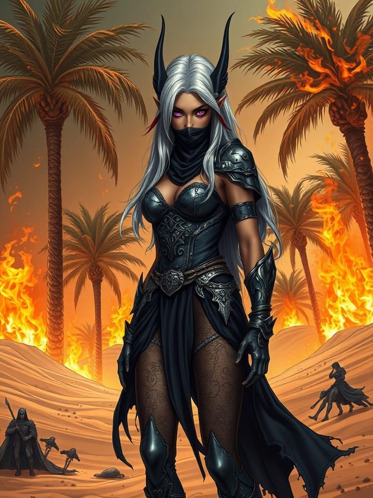 Dark Fantasy Sand Elf Amidst Burning Oasis