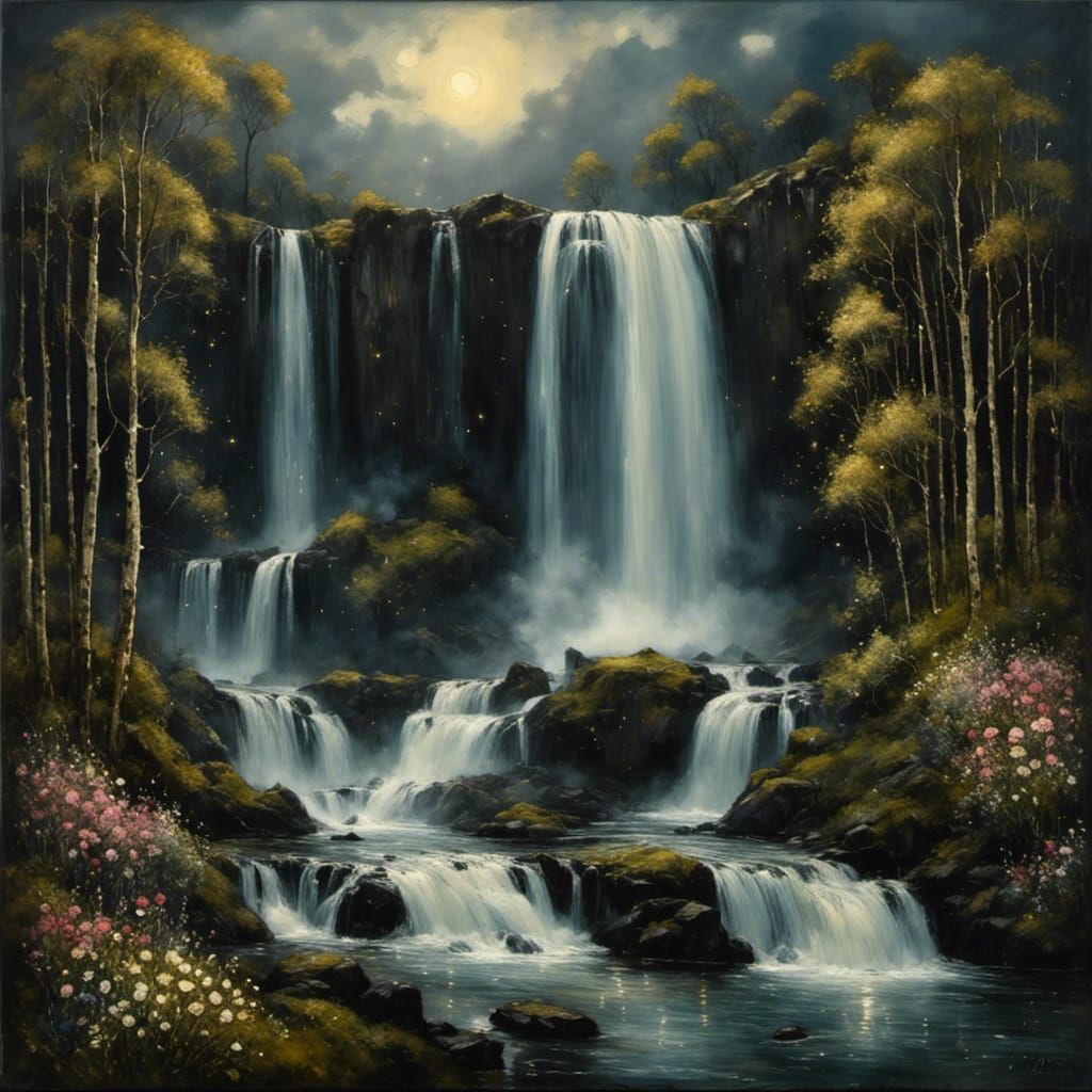 Surreal Starry Night Waterfall Oil Painting