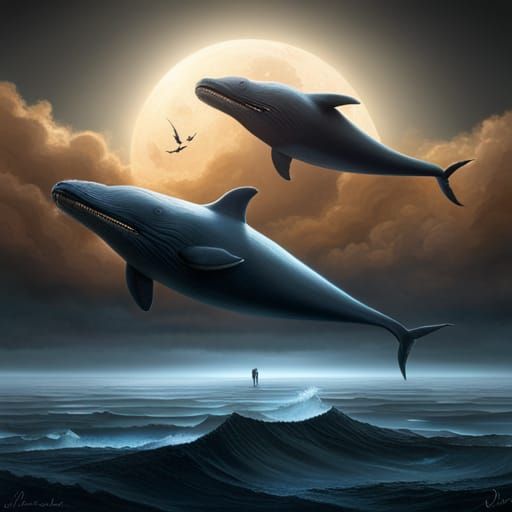 Surreal Flying Whales in Steampunk Style
